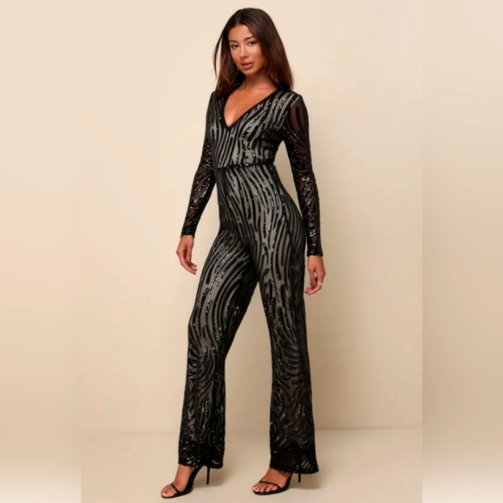 Lulus Special Sparkle Black Sequin Long Sleeve Straight Leg Jumpsuit